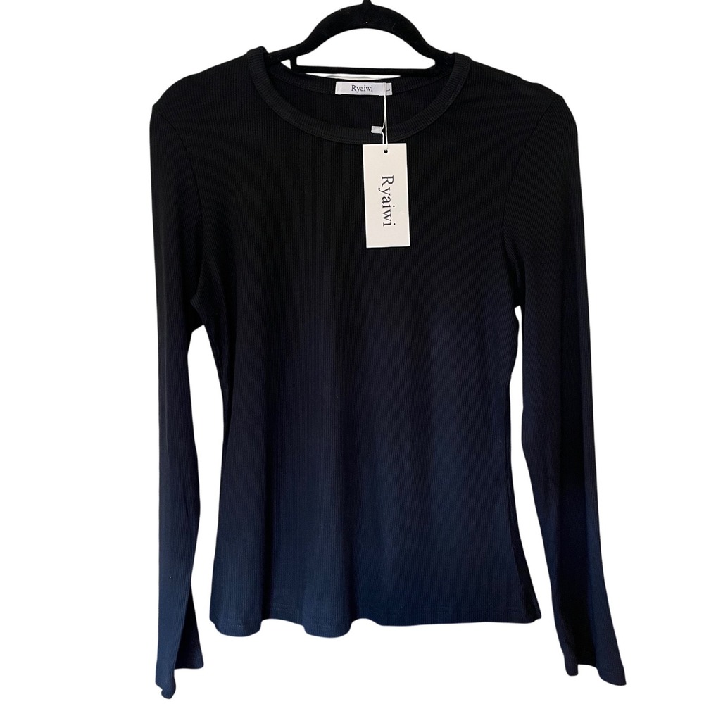 NWT Amazon Women's Black Ribbed Long Sleeve Crew Neck Top Size Large Stretchy - Picture 1 of 7